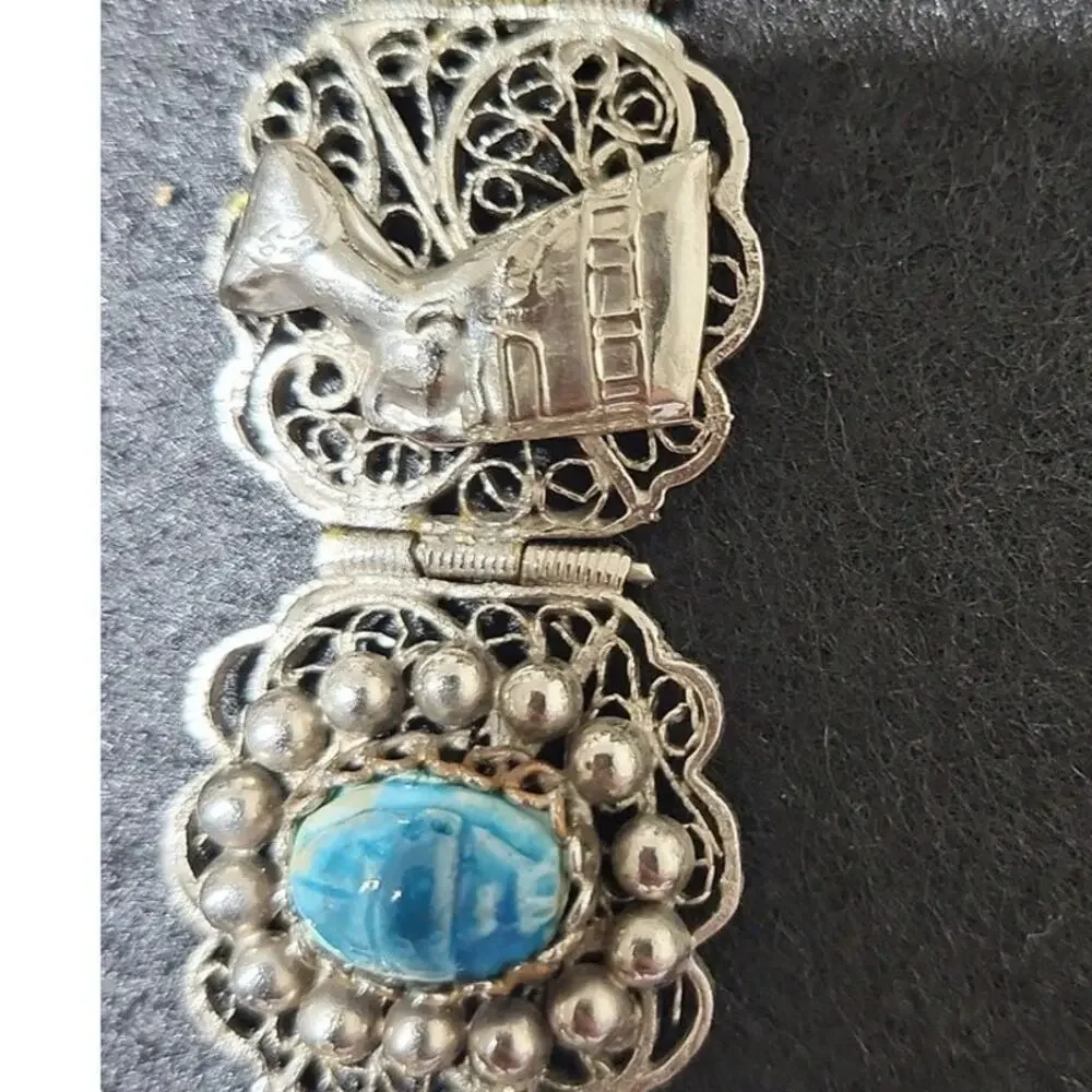 Vintage Egyption 800 Silver Faience Scarab Filagree Panel Bracelet